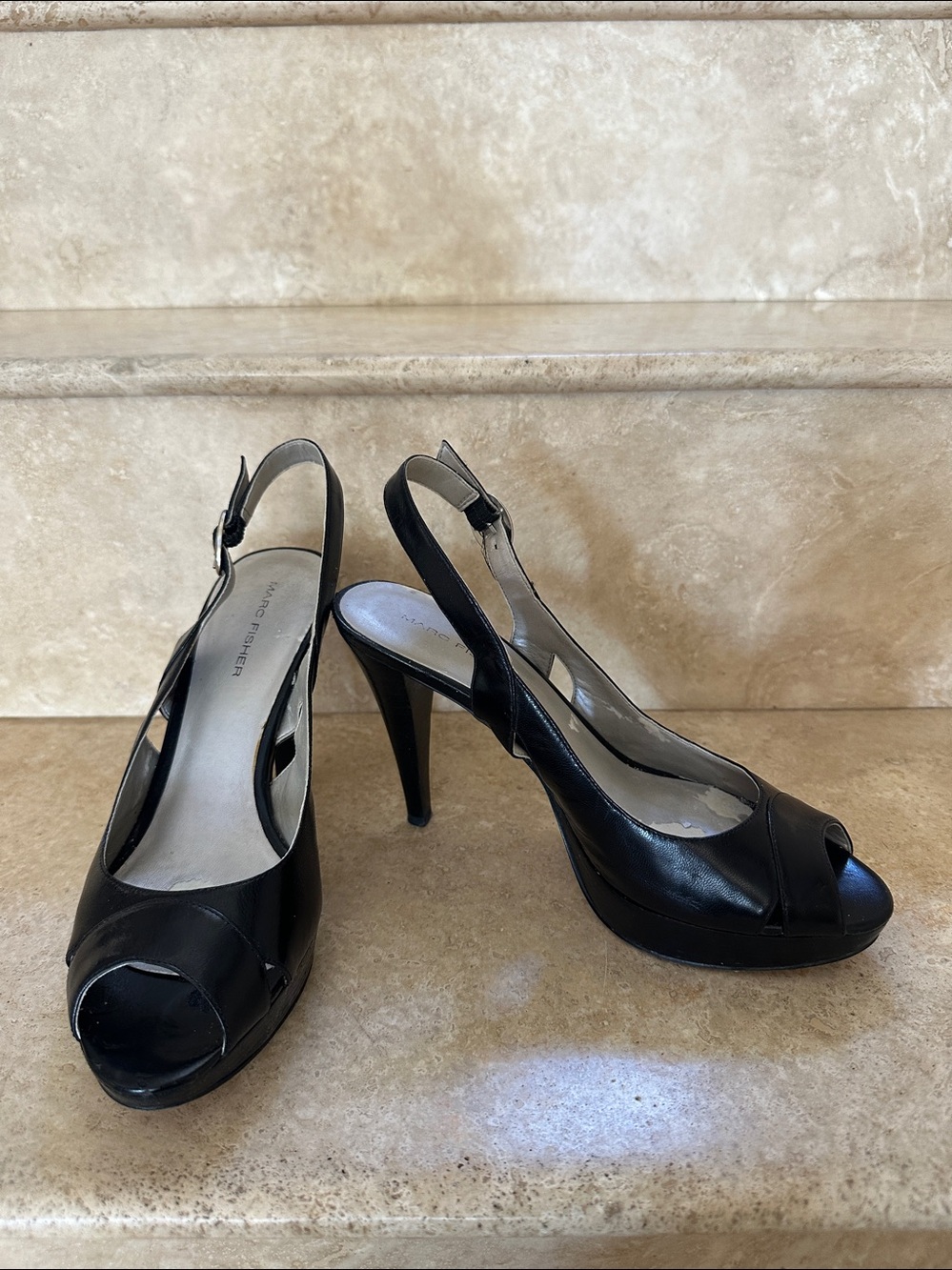 MARC FISHER Penelope Black Open-Toe Slingback High Heels - Size 7.5
